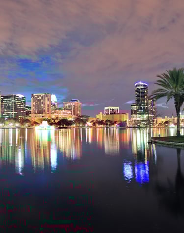Orlando Florida skyline with lake and palm trees