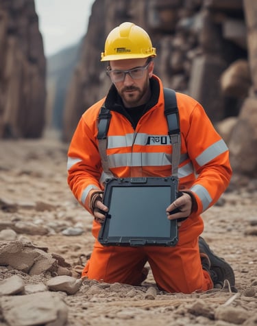 A smartphone is mounted on a stand, displaying a website with colorful graphics and the text 'Transforming Ideas into Reality'. Beside it, a laptop screen shows a blurred version of the same website. The background is soft and out of focus, with green foliage adding a hint of nature.