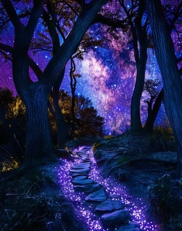 chemin lumineux dans une foret avec ciel étoilé vers le subconscient sous hypnose