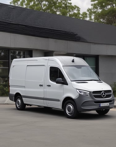A mobile testing van parked outside a corporate building during daytime.