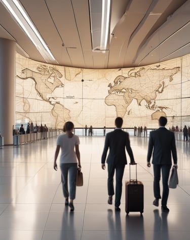 A business traveler checking flight details on a smartphone at an airport lounge.
