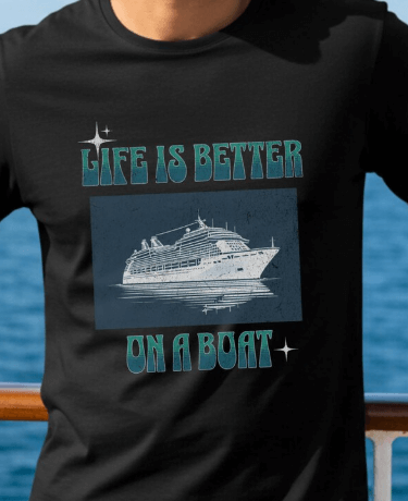 a man in a black shirt is standing on a boat