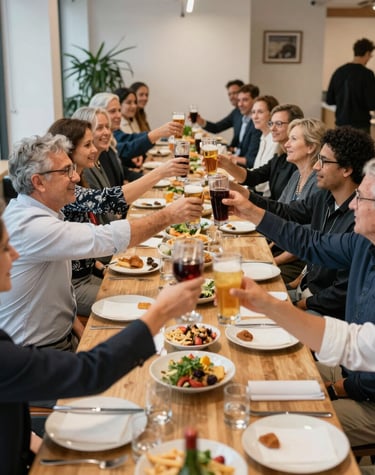 Corporate team celebrating an anniversary with smiles and toasts