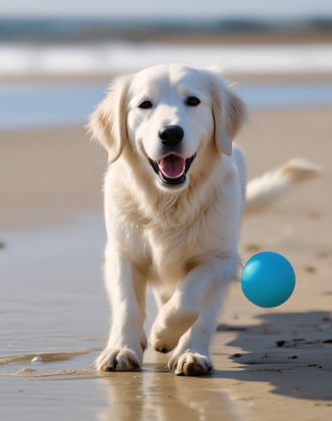 a dog is running along the beach with a ball
