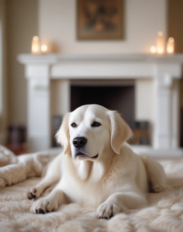 a dog laying on a bed with candles and candles