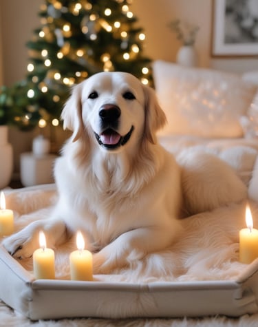 a dog sitting in a bed with candles