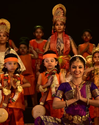 Kalpangan theatre group presenting a dramatic stage performance with expressive acting, traditional 