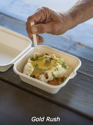 The Gold Rush - taters, Mischief sauce, cheddar cheese, fried egg, jalapeno medley