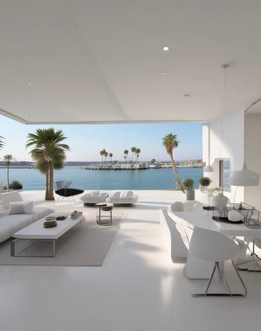 A luxurious residential area featuring a villa with a tile roof surrounded by palm trees and lush landscaping. In the background, a tranquil lake reflects the clear blue sky, and mountains rise up in the distance, creating a serene and picturesque setting.
