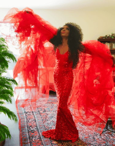 a woman in a red dress, Racquel Marshall as Diana Ross