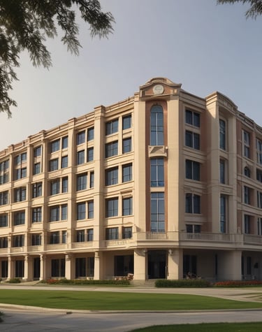 Students walking through Subharti University's tree-lined pathways on a sunny day.