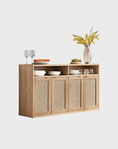 LEYAOYAO Rattan Sideboard Buffet Cabinet,55" Coffee Bar Cabinet with 4 Doors & Open Storage Shelf,Mo