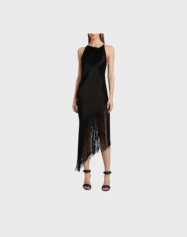 Amazon Luxury Fashion LaPointe Fringed Satin Cowlneck Midi-Dress Black