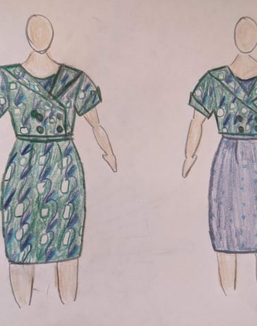 The fashion sketch of a green art nouveau reversible sheath dress and 50's inspired cropped jacket