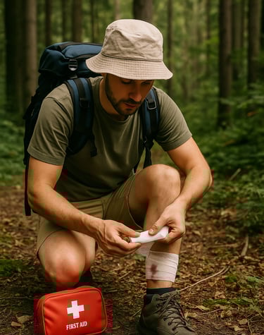 Hiker treating leg wound with wilderness first aid kit on forest trail