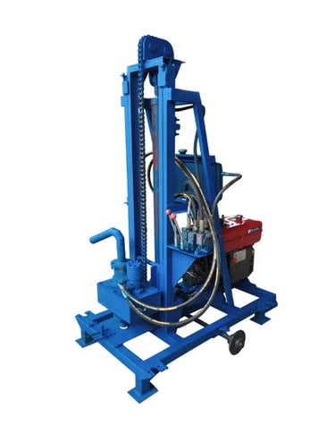 Portable hydraulic water well drilling rig with a blue steel frame and diesel engine.