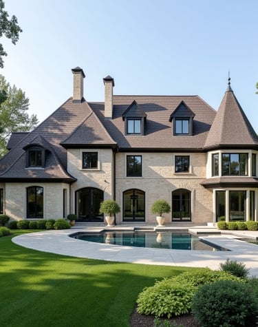 Bespoke stone luxury home with resort-style backyard and swimming pool.