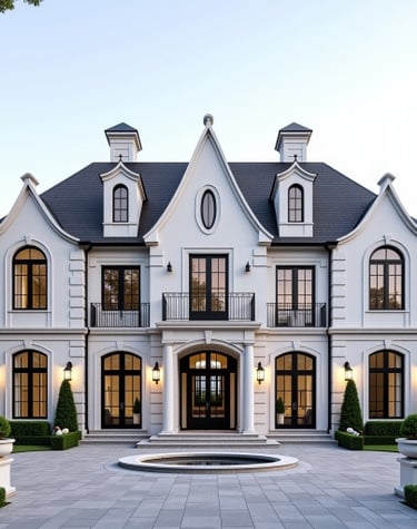 Grand luxury residence with symmetrical design, upscale detailing, and timeless style.