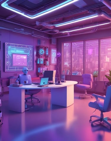 A conference room with a long wooden table surrounded by chairs covered in protective plastic. Multiple computer monitors are placed on tables against the walls, each displaying nature-themed images. The walls are lined with wood paneling, and a sign indicating a center for artificial intelligence is displayed at the front. There are decorative flower arrangements on the table, and the overall setup suggests a professional environment.