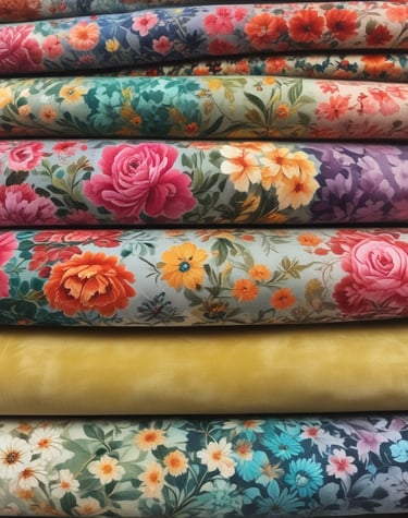 Detailed, vibrant fabric with intricate and colorful patterns. The fabric features an array of motifs, including floral designs and geometric shapes, arranged in horizontal rows. The varied textures and rich colors create a visually striking and dynamic composition.