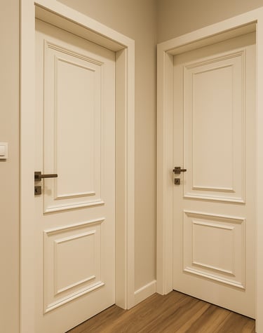 Two elegant white paneled interior doors with modern black handles and wooden flooring.