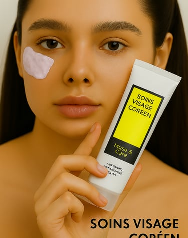 Femme appliquant un soin visage coréen à base de mucus d’escargot, mettant en valeur un produit de b