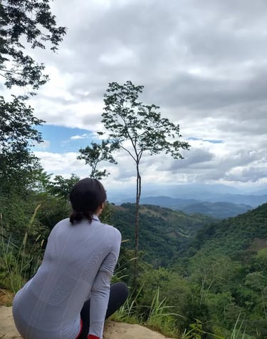 a woman sitting on a rock with a view of the mountains