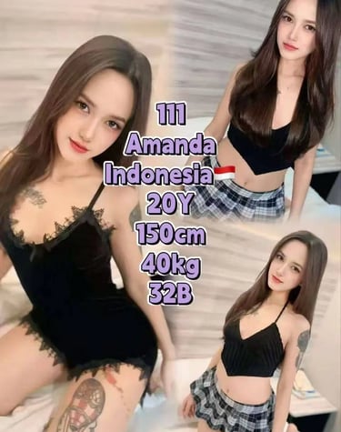 A young Indonesian woman named Amanda posing in stylish black lingerie and a plaid skirt.JB Escort