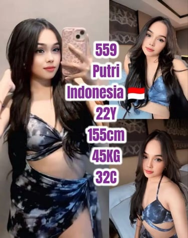 A collage showing a young Indonesian woman with long dark hair posing in a blue tie-dye bikini set.