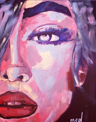a painting of a woman's face with a purple background