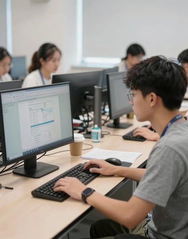 Wide shot of the Logicore Institute’s industrial training lab bustling with activity.