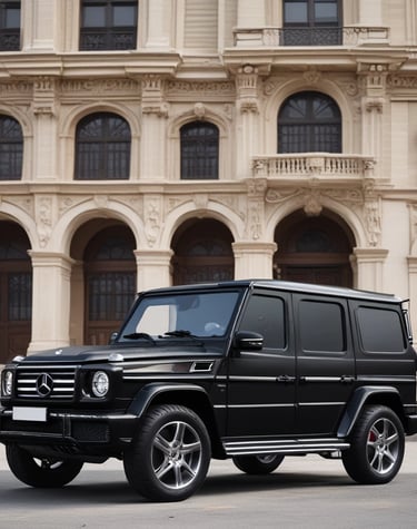 Sleek black Rolls-Royce parked under soft city lights at dusk.
