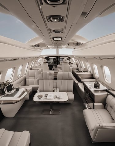 Luxurious private jet cabin bathed in warm bronze lighting, showcasing plush leather seats and sleek design.