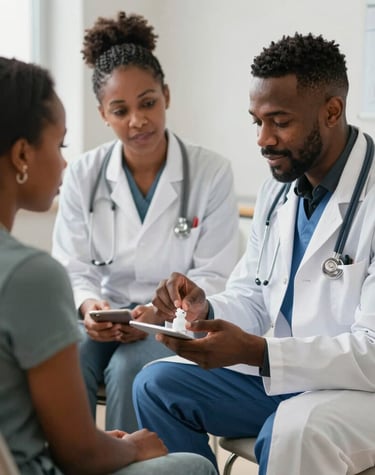 Male doctor demonstrating medication use to a patient during a medical consultation.