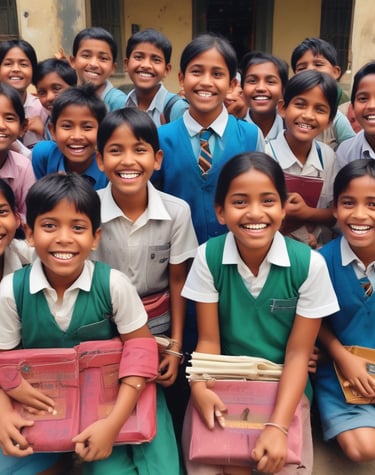 Children eagerly reading books under a bright classroom light.