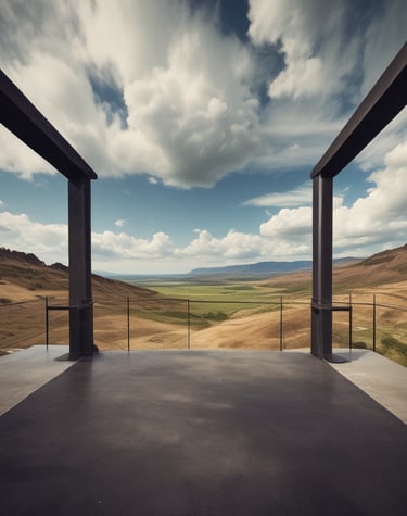 Exterior view of a stylish house with blue and white facade under clear sky