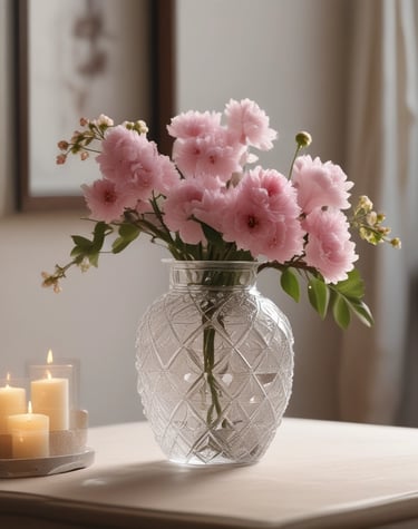 Vibrant vases and decorative items arranged on a living room table.