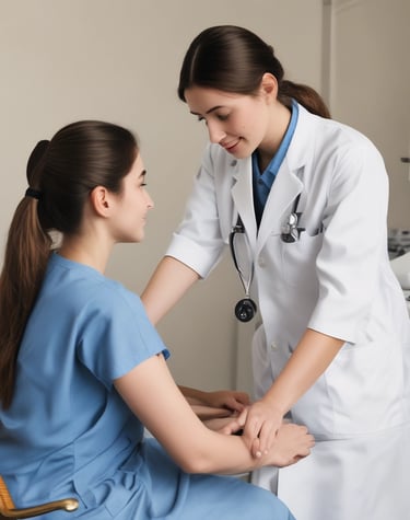 A caregiver gently assisting an elderly woman with a warm smile in a cozy living room.