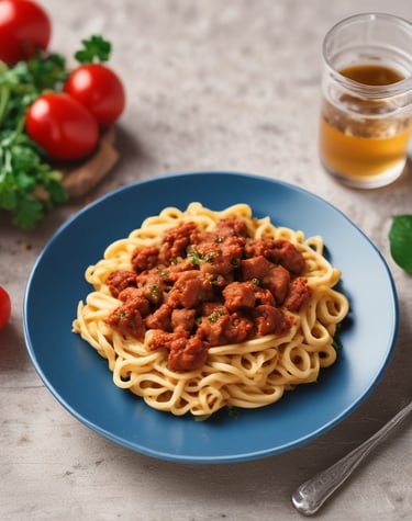 Close-up of a homemade lasagna with melted cheese and rich tomato sauce on a rustic wooden table.
