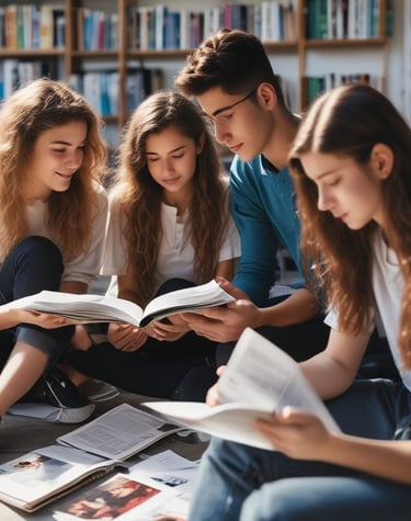 A group of teenagers reading the mental health awareness magazine together in a cozy library corner.