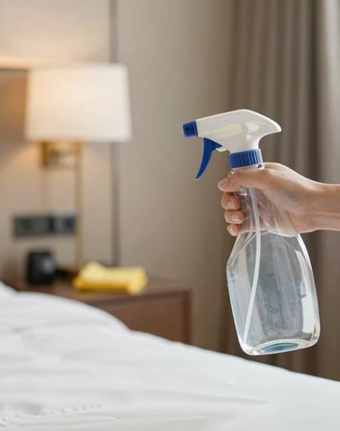 A professional cleaner carefully wiping a modern office desk with a blue microfiber cloth.