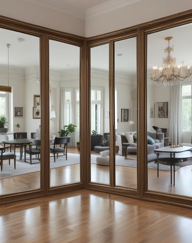 Shiny glass cabinet doors showcasing flawless clarity in a luxury kitchen.