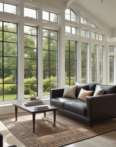 Close-up of a sparkling clean window reflecting a luxury home garden.