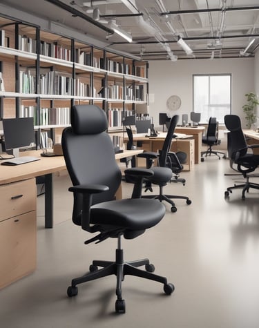 A cozy home office corner featuring a sleek ergonomic chair with natural light streaming through a nearby window.