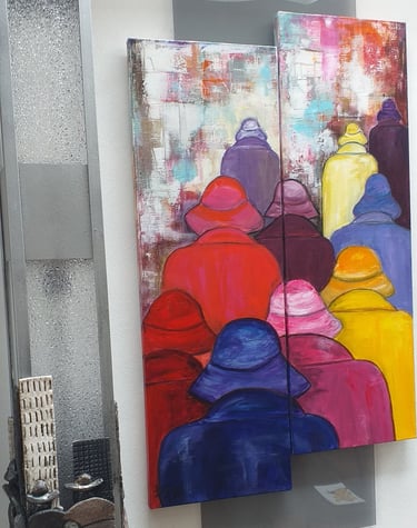 Tableau expressionniste et bas-relief céramique Patricia Pierrard - Scène de foule colorée
