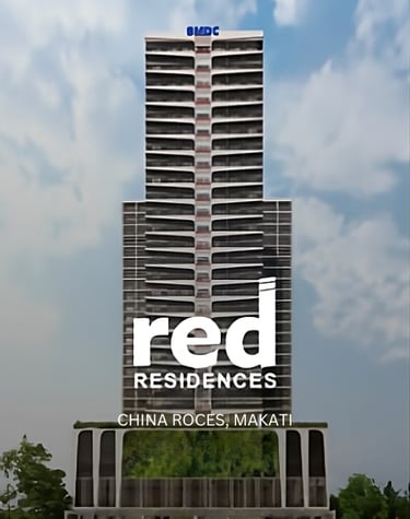 a tall building with a red and white sign that says red residence