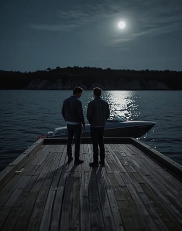 Two men standing at the end of a dock waiting to board a gunmetal grey speedboat.