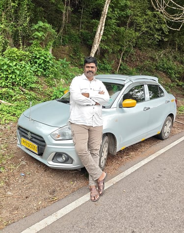 ​"South India Drop Taxi driver with a neat Swift Dzire car on a scenic forest route tour"