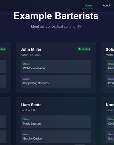 a website page with a bunch of different types of barter examples, where freelancers submit barter r