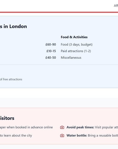 a screen shot of a website page with a list of the top 10 things to do in london on a budget